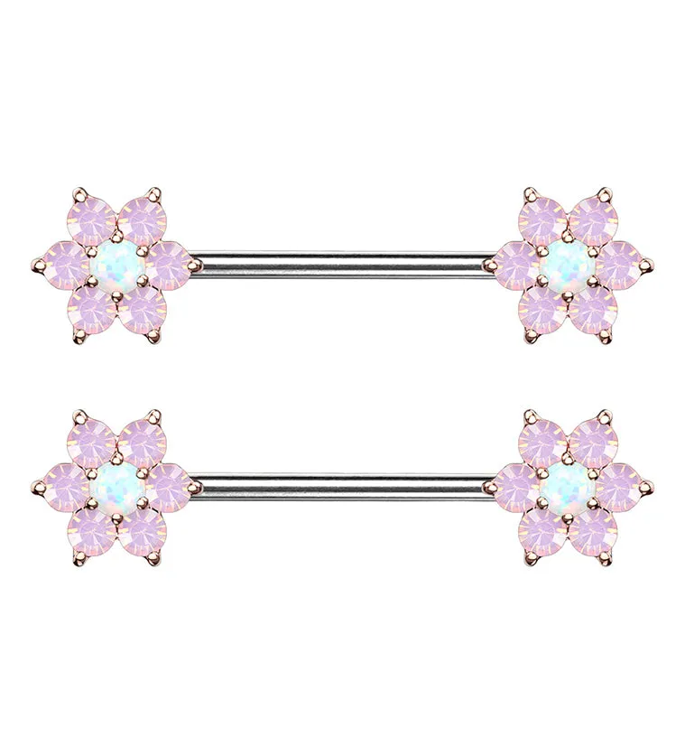 14G White & Pink Opalite Rose Gold Flower Nipple Ring Barbell