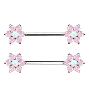 14G White & Pink Opalite Rose Gold Flower Nipple Ring Barbell