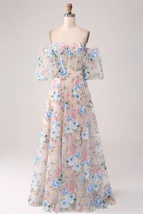 A-Line Apricot Flower Off the Shoulder Long Corset Prom Dress