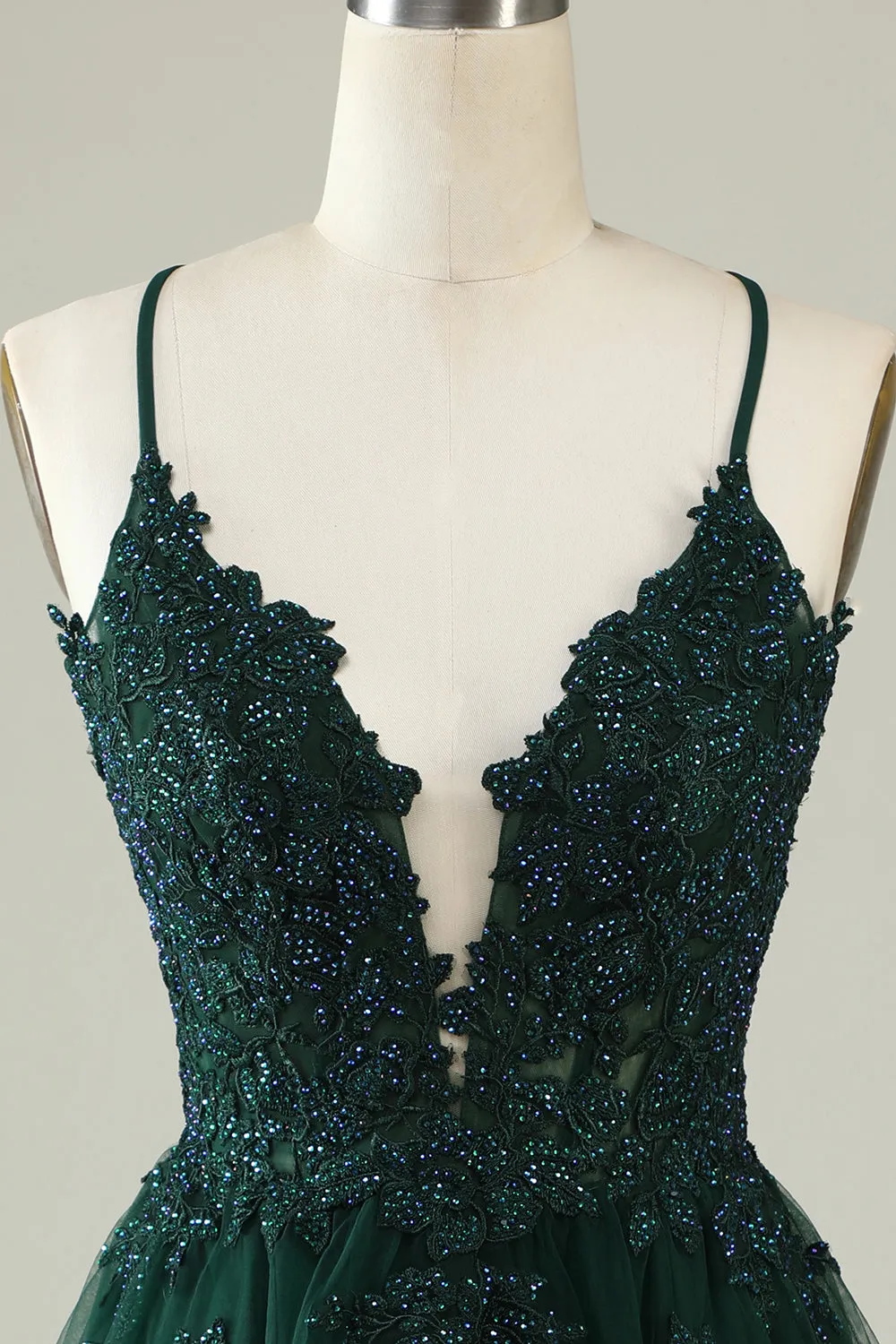 A Line Spaghetti Straps Dark Green Short Homecoming Dress with Appliques