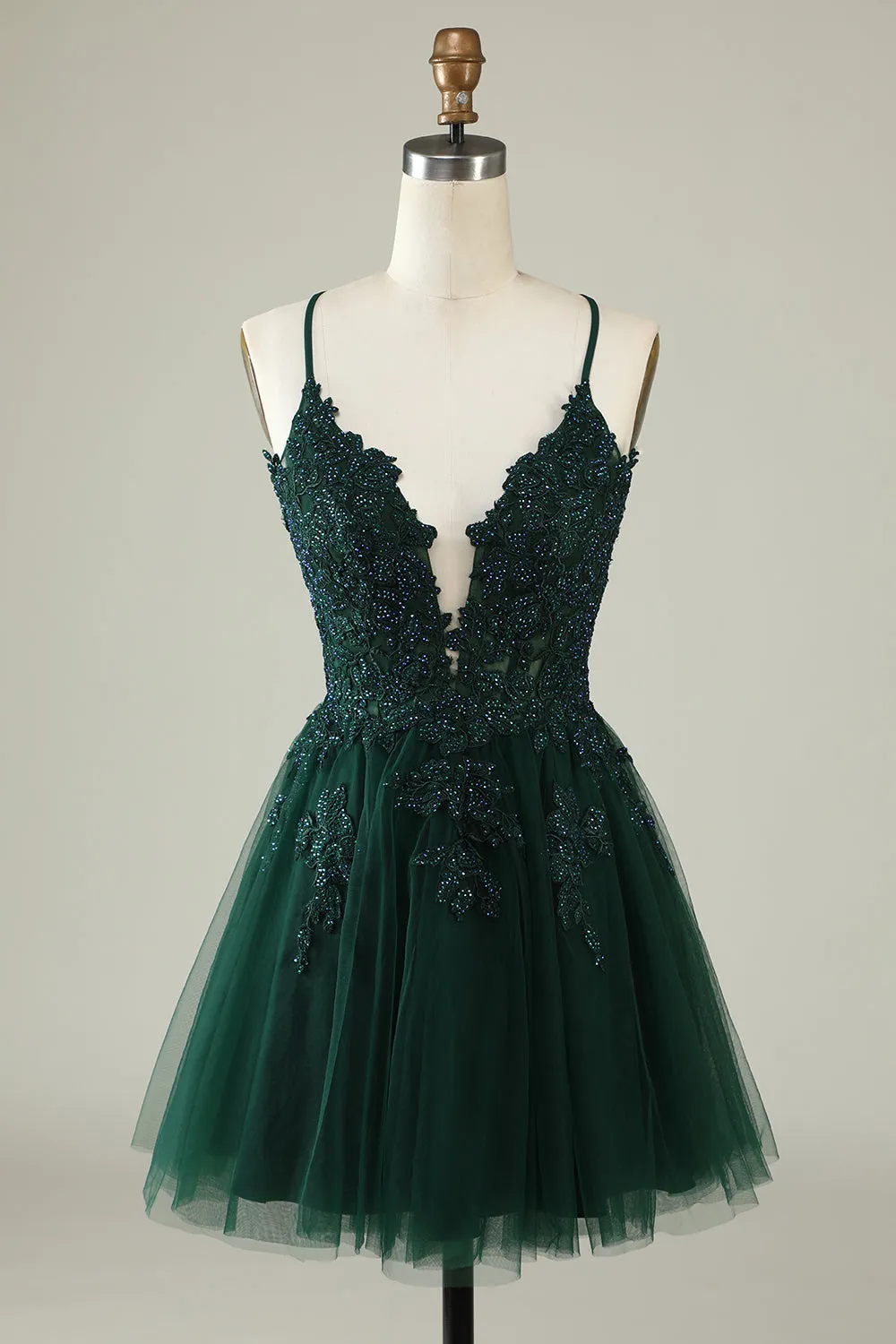 A Line Spaghetti Straps Dark Green Short Homecoming Dress with Appliques