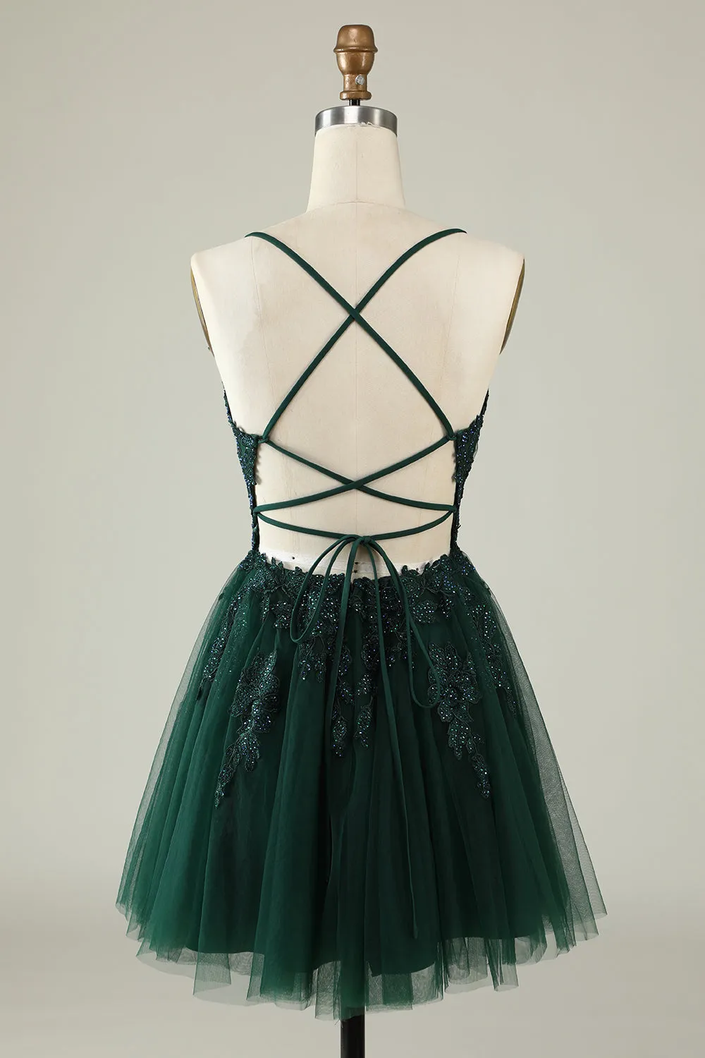 A Line Spaghetti Straps Dark Green Short Homecoming Dress with Appliques