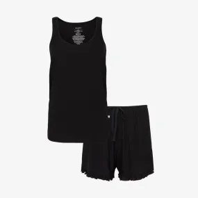 Black Ribbed Women's Tank Ruffled Short Set