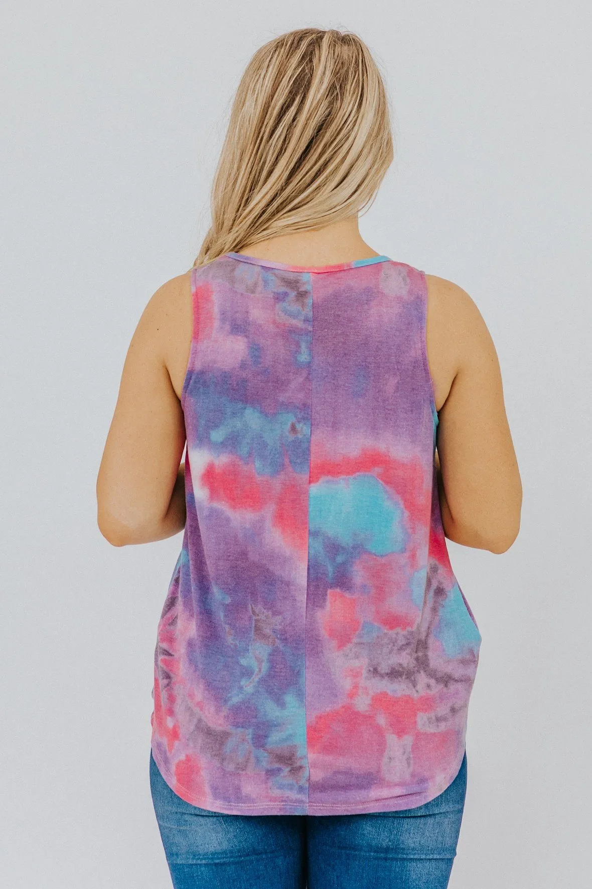 Free To Be Me Tie Dye Front Knot Tank Top in Purple