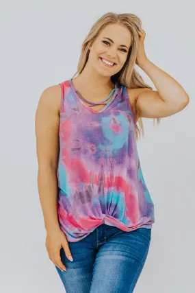 Free To Be Me Tie Dye Front Knot Tank Top in Purple