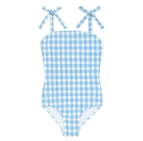 girls surfside blue crinkle gingham one piece