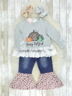 Gray Leopard Lace Pumpkin Denim Bell Bottoms Outfit