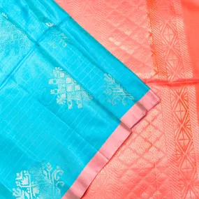 Kanchipuram Pure Silk Handloom Soft silk saree in Turquoise blue and Peach combo