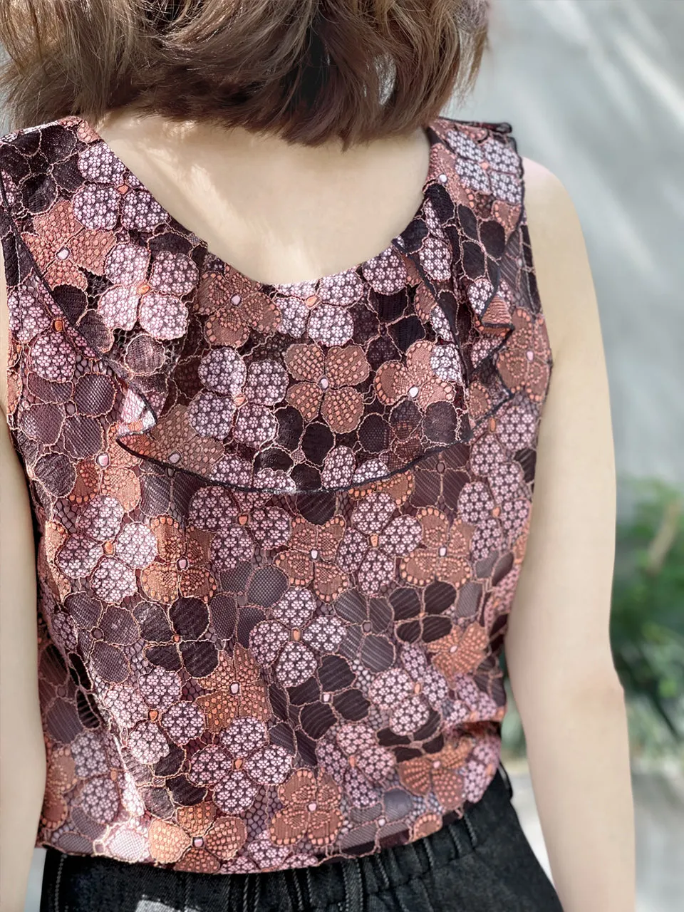 Last Chance! Pinky-Orange Floral Lace Ruffle Neck Lined Tank