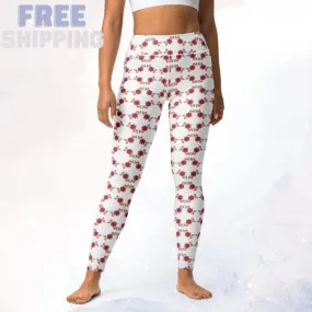 Red and Pink Floral Spring Dance Leggings with a High Waist