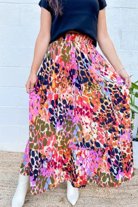 White Abstract Floral Print Ruffled High Waist Maxi Skirt